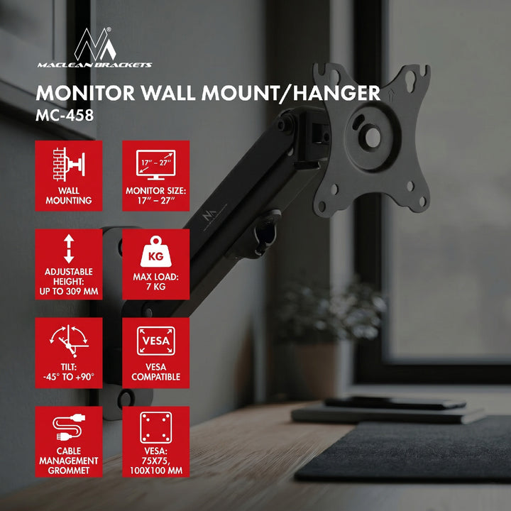 Suporte de parede para monitor Maclean MC-458 de 17 a 27'', máx. 7 kg, amortecedor a gás