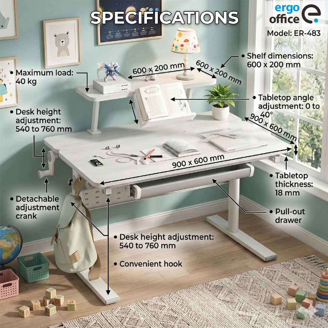 Secretária para criança Ergo Office ER-483, altura regulável, cinzento, máx. 40 kg, 900 x 600 mm