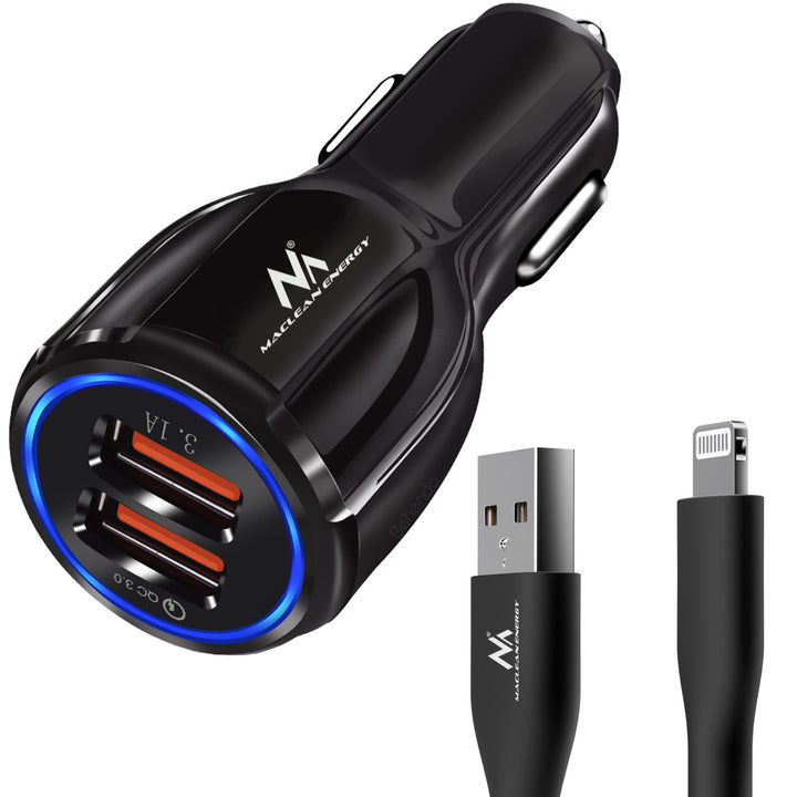 Carregador de isqueiro Maclean, Qualcomm Quick Charge, QC 3.0 - aceita 5 V/3 A, 9 V/1,8 A, 12 V/1,6 A, 5 V/3,1 A com cabo USB Lightning