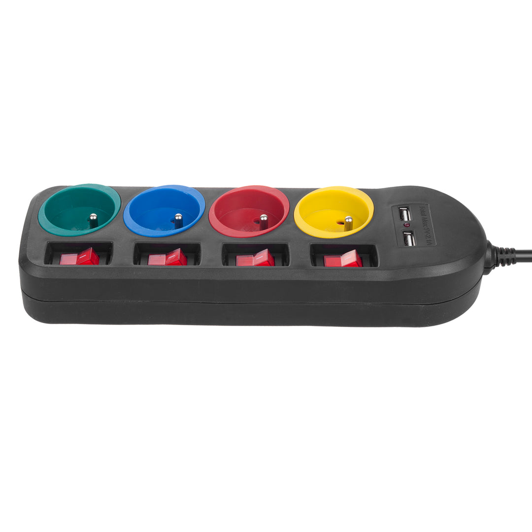 Filtro de linha Maclean, cabo de extensão de 4 tomadas + 2 USB, com interruptores, 250 VCA/10 A, 2,1 A 5 V, 1,5 m, branco, MCE229B + cabo USB MCE471