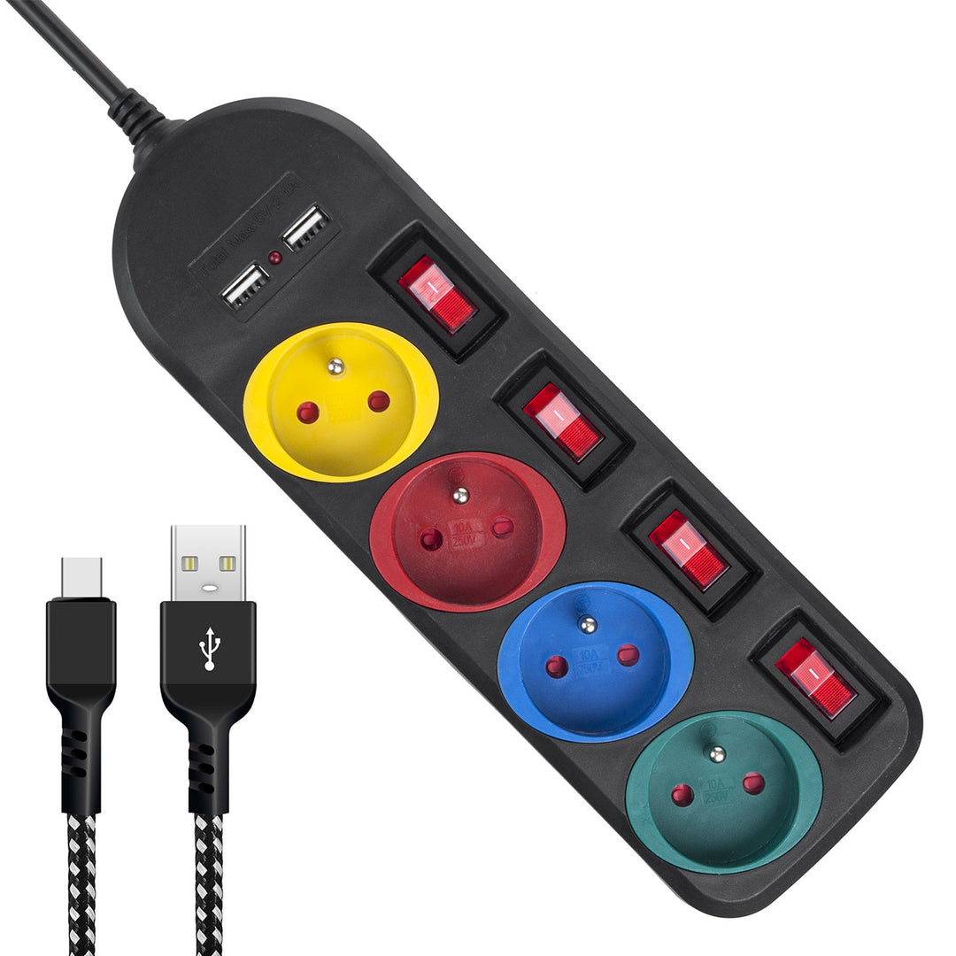Filtro de linha Maclean, cabo de extensão de 4 tomadas + 2 USB, com interruptores, 250 VCA/10 A, 2,1 A 5 V, 1,5 m, branco, MCE229B + cabo USB MCE471