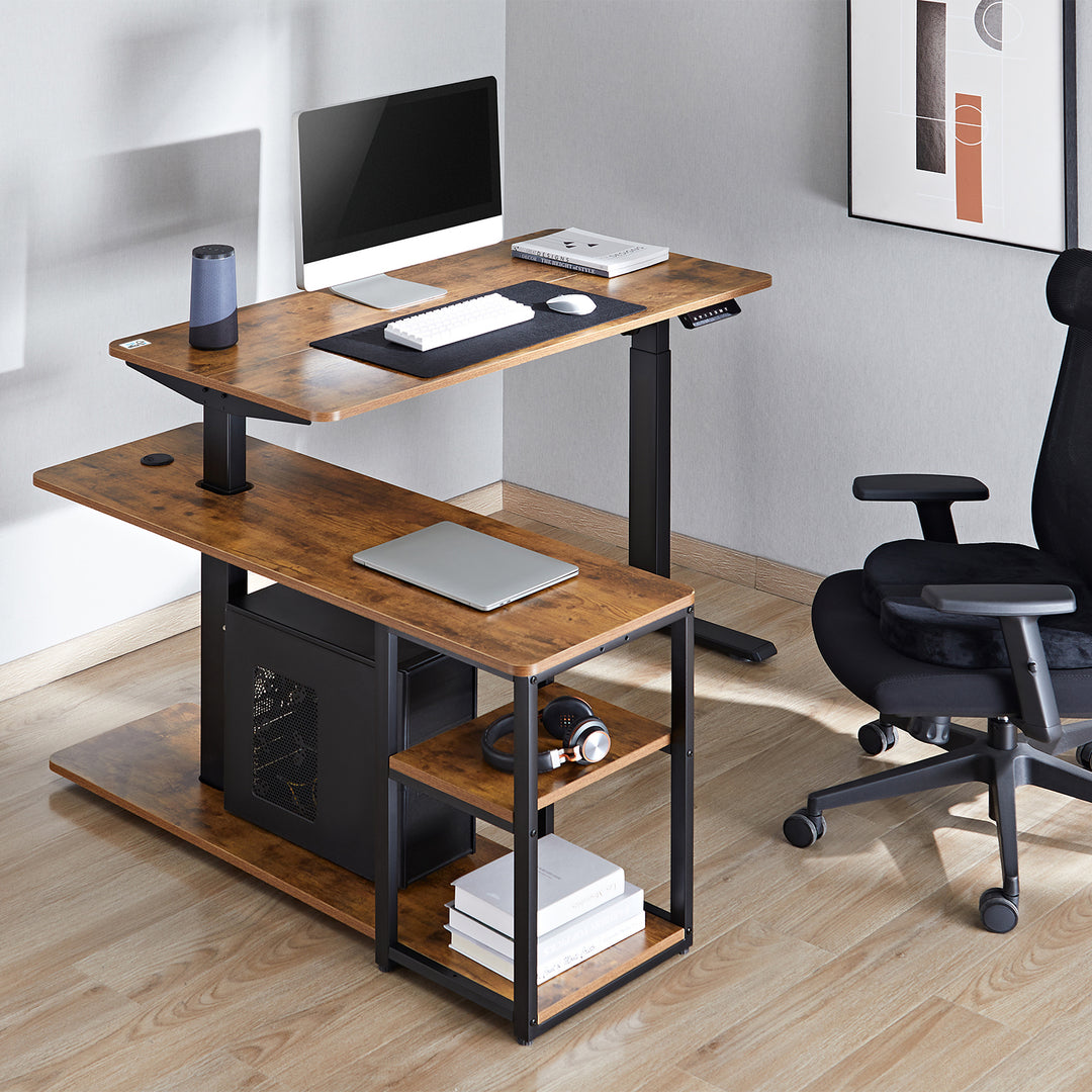 Mesa de trabalho elétrica Ergo Office ER-450, altura máx. 121 cm, máx. 70 kg, com tampo e prateleiras, para sentar e estar de pé, castanho rústico, conjunto de 2 peças