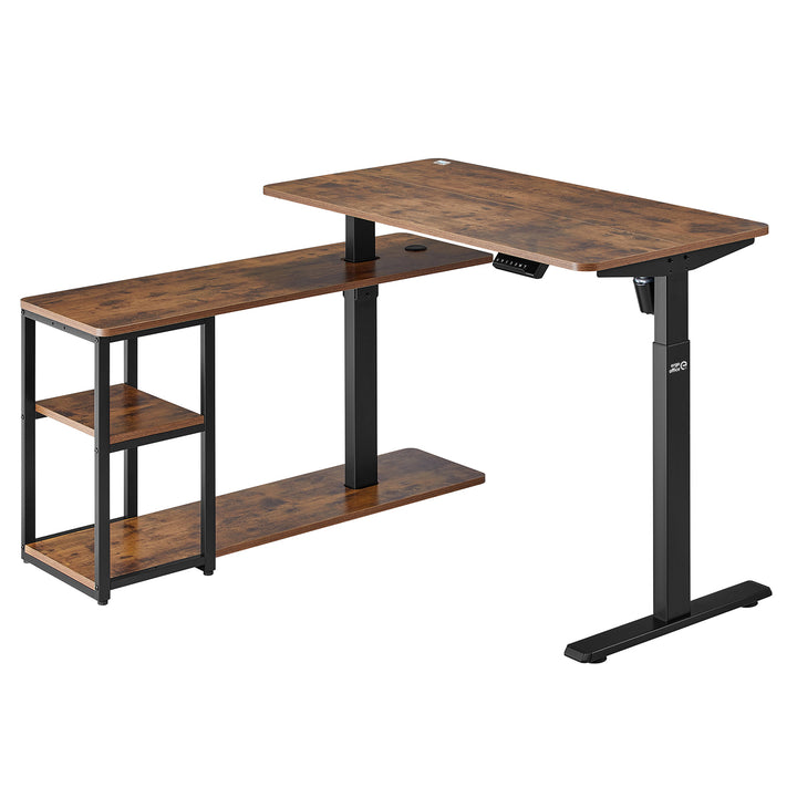 Mesa de trabalho elétrica Ergo Office ER-450, altura máx. 121 cm, máx. 70 kg, com tampo e prateleiras, para sentar e estar de pé, castanho rústico, conjunto de 2 peças