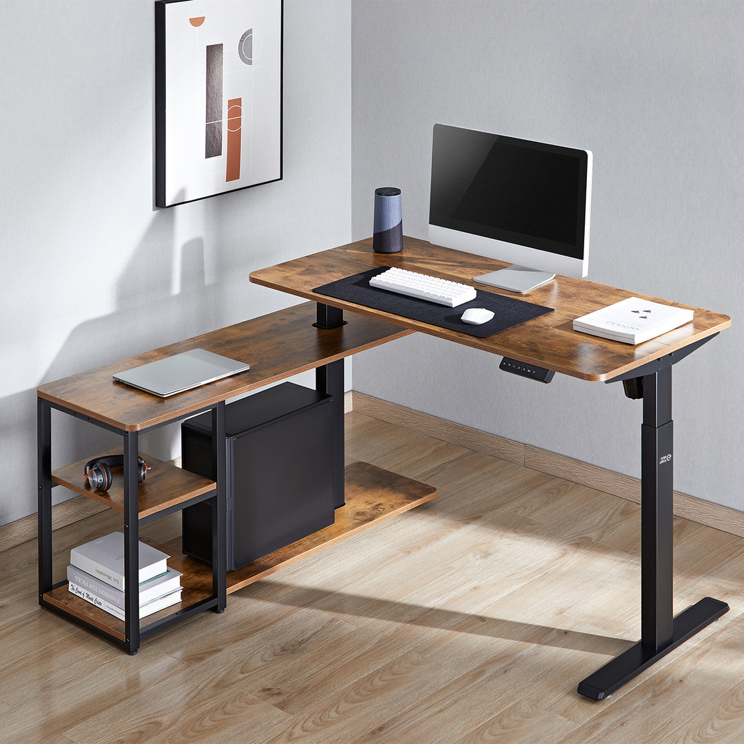 Mesa de trabalho elétrica Ergo Office ER-450, altura máx. 121 cm, máx. 70 kg, com tampo e prateleiras, para sentar e estar de pé, castanho rústico, conjunto de 2 peças