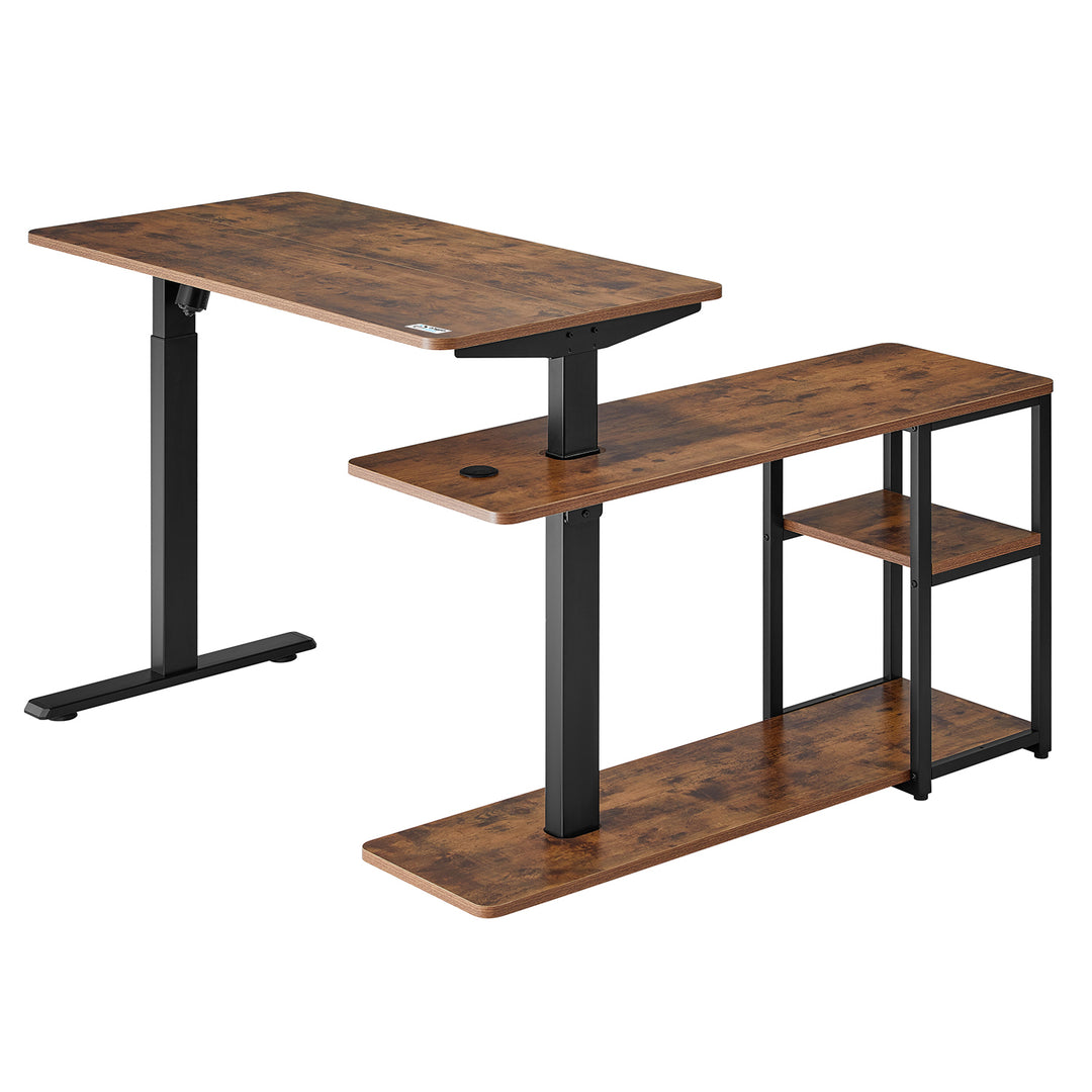 Mesa de trabalho elétrica Ergo Office ER-450, altura máx. 121 cm, máx. 70 kg, com tampo e prateleiras, para sentar e estar de pé, castanho rústico, conjunto de 2 peças
