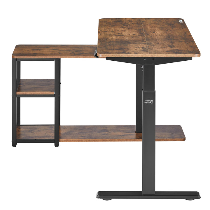 Mesa de trabalho elétrica Ergo Office ER-450, altura máx. 121 cm, máx. 70 kg, com tampo e prateleiras, para sentar e estar de pé, castanho rústico, conjunto de 2 peças
