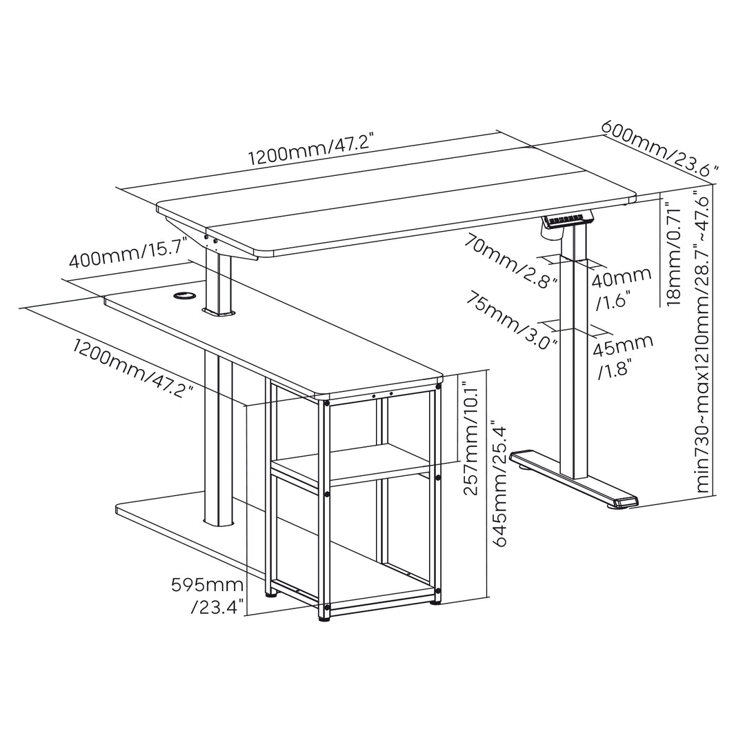 Mesa de trabalho elétrica Ergo Office ER-450, altura máx. 121 cm, máx. 70 kg, com tampo e prateleiras, para sentar e estar de pé, castanho rústico, conjunto de 2 peças