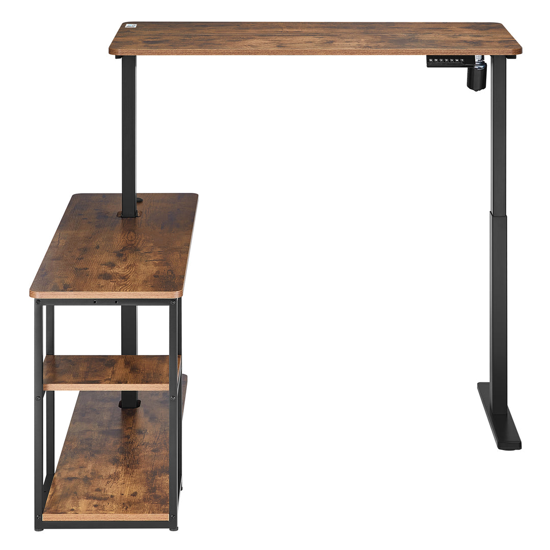 Mesa de trabalho elétrica Ergo Office ER-450, altura máx. 121 cm, máx. 70 kg, com tampo e prateleiras, para sentar e estar de pé, castanho rústico, conjunto de 2 peças