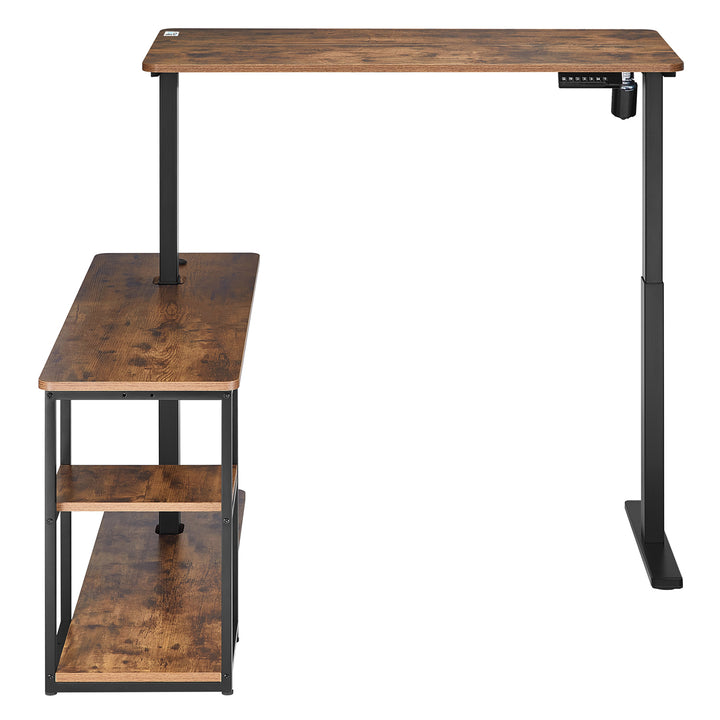 Mesa de trabalho elétrica Ergo Office ER-450, altura máx. 121 cm, máx. 70 kg, com tampo e prateleiras, para sentar e estar de pé, castanho rústico, conjunto de 2 peças