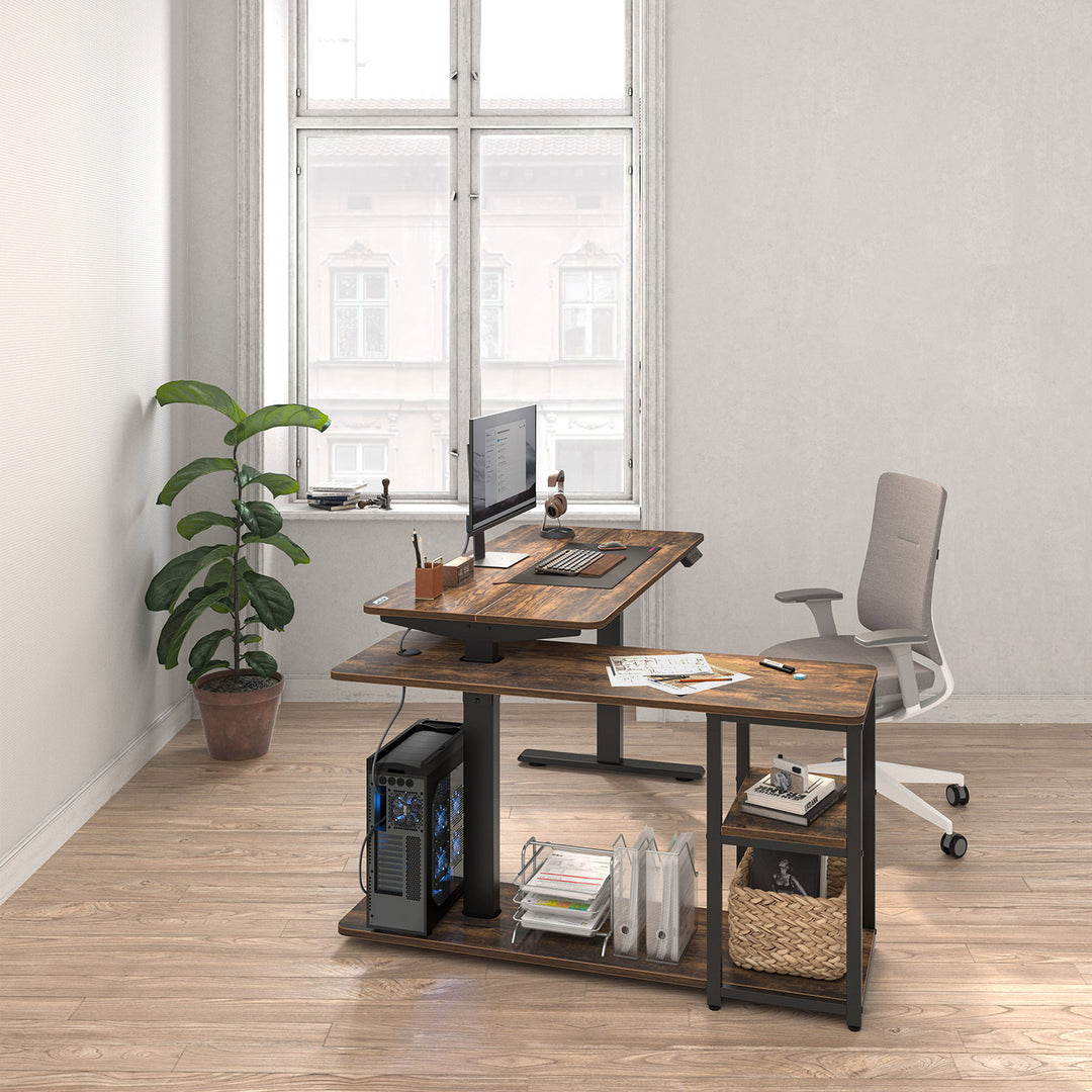 Mesa de trabalho elétrica Ergo Office ER-450, altura máx. 121 cm, máx. 70 kg, com tampo e prateleiras, para sentar e estar de pé, castanho rústico, conjunto de 2 peças