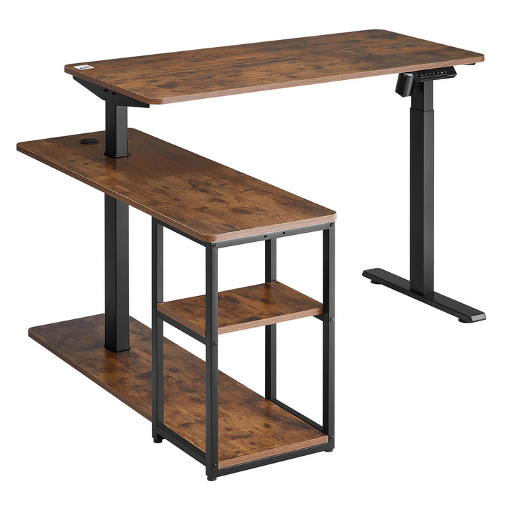 Mesa de trabalho elétrica Ergo Office ER-450, altura máx. 121 cm, máx. 70 kg, com tampo e prateleiras, para sentar e estar de pé, castanho rústico, conjunto de 2 peças