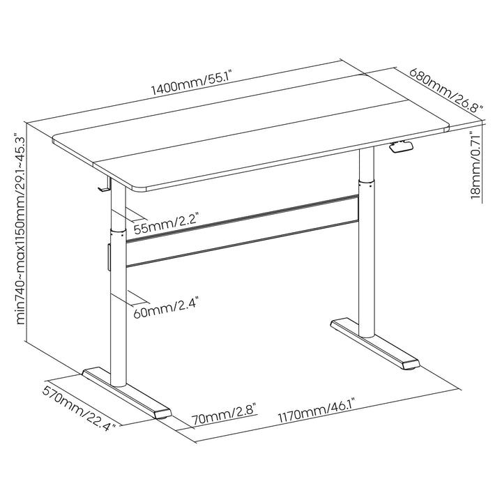 Secretária Ergo Office ER-453 com tampo de 140x68 cm, mola a gás, altura regulável, secretária para estar de pé ou sentado, altura máxima de 115 cm