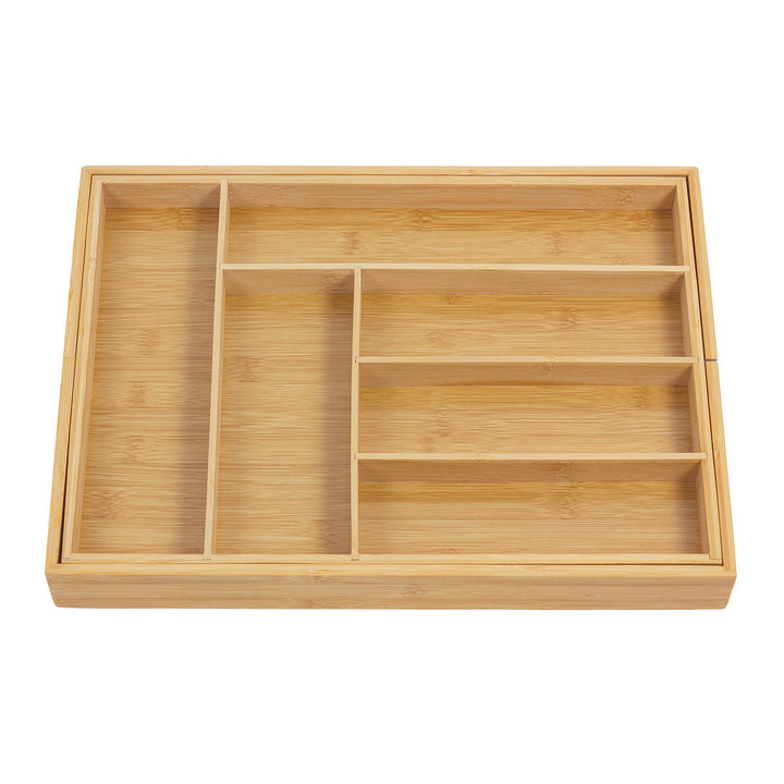 GreenBlue GB379 Organizador de talheres em bambu, tabuleiro extensível, 7 compartimentos básicos e 2 compartimentos amovíveis para utensílios de cozinha, organização de gavetas para talheres, dimensões: 32,5-50 x 43 x 4,5 cm