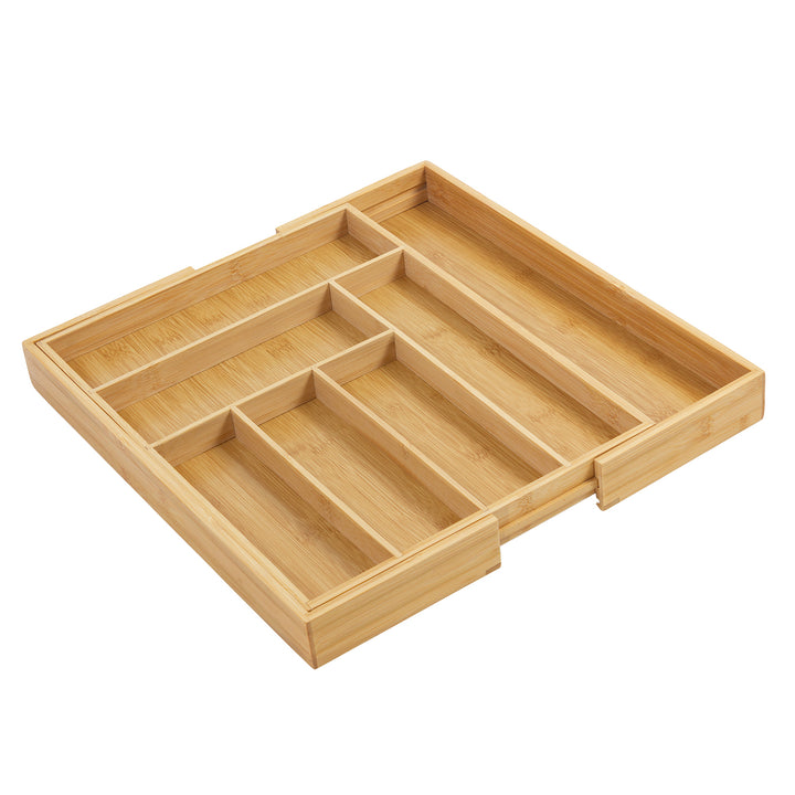 GreenBlue GB379 Organizador de talheres em bambu, tabuleiro extensível, 7 compartimentos básicos e 2 compartimentos amovíveis para utensílios de cozinha, organização de gavetas para talheres, dimensões: 32,5-50 x 43 x 4,5 cm