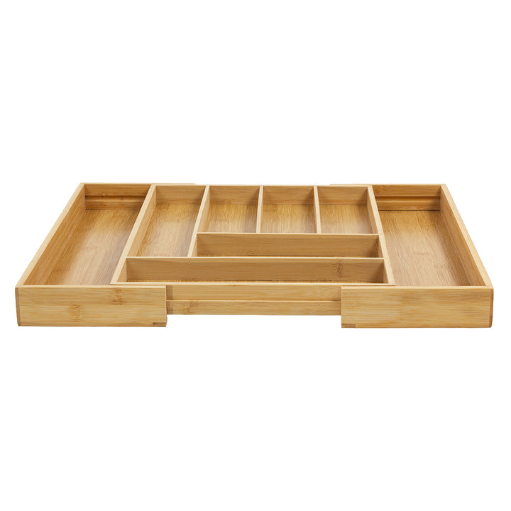 GreenBlue GB379 Organizador de talheres em bambu, tabuleiro extensível, 7 compartimentos básicos e 2 compartimentos amovíveis para utensílios de cozinha, organização de gavetas para talheres, dimensões: 32,5-50 x 43 x 4,5 cm