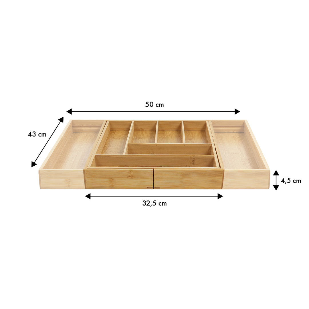 GreenBlue GB379 Organizador de talheres em bambu, tabuleiro extensível, 7 compartimentos básicos e 2 compartimentos amovíveis para utensílios de cozinha, organização de gavetas para talheres, dimensões: 32,5-50 x 43 x 4,5 cm