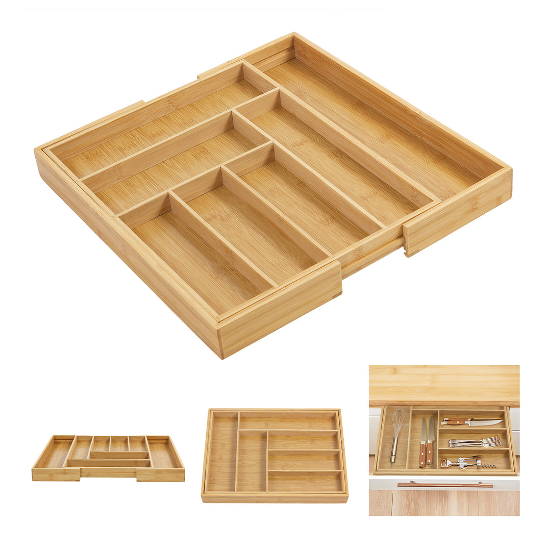 GreenBlue GB379 Organizador de talheres em bambu, tabuleiro extensível, 7 compartimentos básicos e 2 compartimentos amovíveis para utensílios de cozinha, organização de gavetas para talheres, dimensões: 32,5-50 x 43 x 4,5 cm