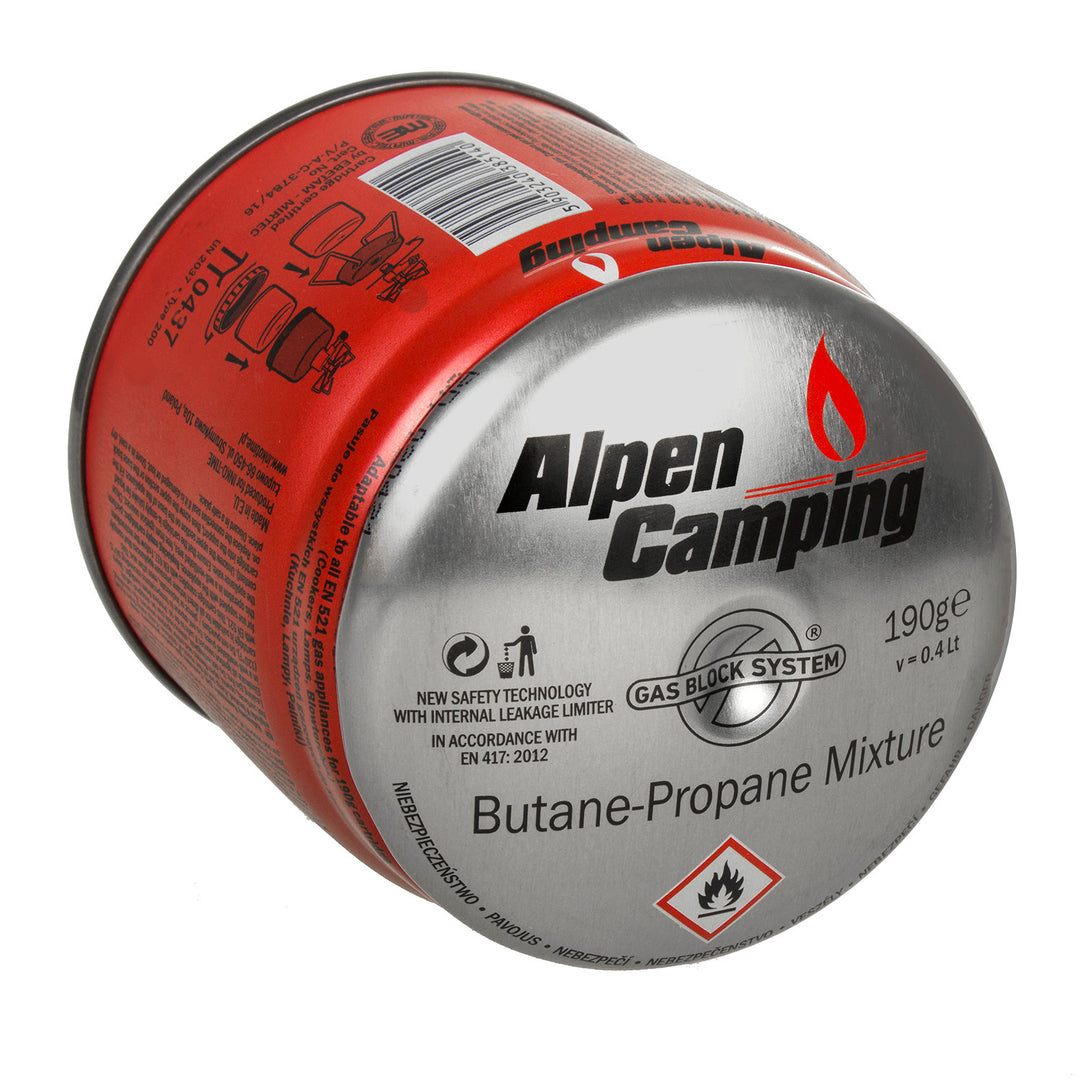 24x cartucho de gas Alpen Camping 400ml. certificado: Pi 0437, cumple con EN417, propano-butano, rango -10°c a + 40°c, sistema GAS STOP IK006