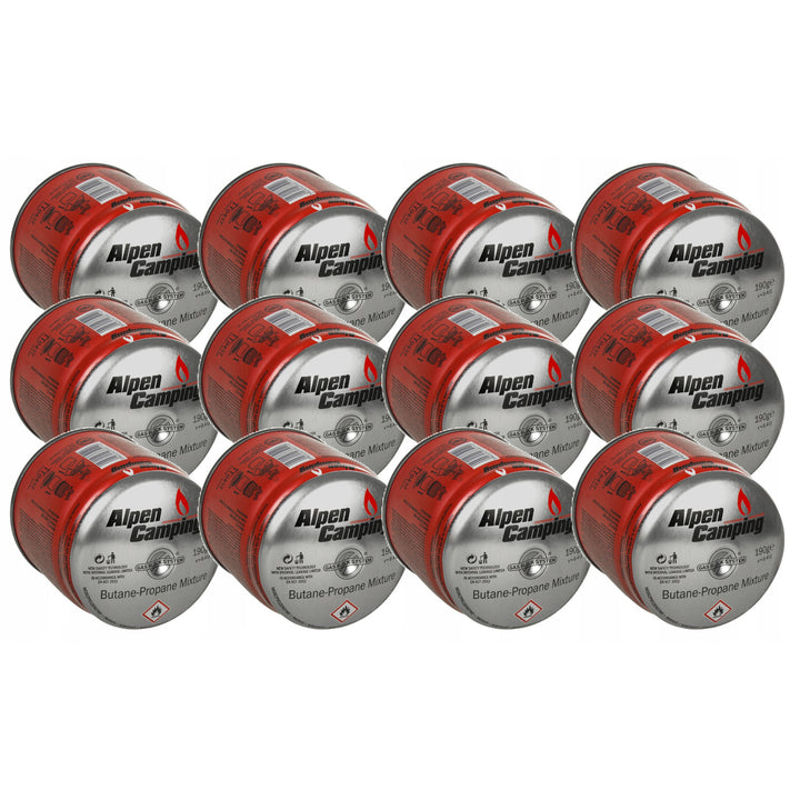 12 cartuchos de gás Alpen Camping de 400 ml. Certificado: PI 0437, em conformidade com a norma EN417, propano-butano, temperatura de funcionamento de -10 °C a +40 °C, sistema GAS STOP IK006.