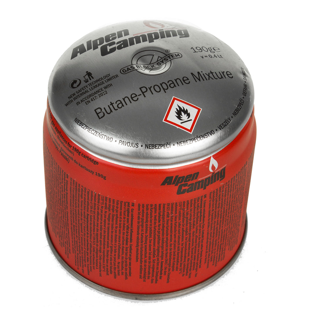 48 cartuchos de gás Alpen Camping de 400 ml. Certificado: PI 0437, em conformidade com a norma EN417, propano-butano, temperatura de funcionamento de -10 °C a +40 °C, sistema GAS STOP IK006.