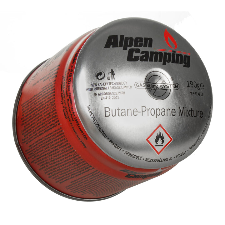 48 cartuchos de gás Alpen Camping de 400 ml. Certificado: PI 0437, em conformidade com a norma EN417, propano-butano, temperatura de funcionamento de -10 °C a +40 °C, sistema GAS STOP IK006.