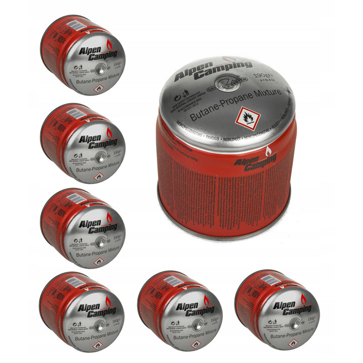 48 cartuchos de gás Alpen Camping de 400 ml. Certificado: PI 0437, em conformidade com a norma EN417, propano-butano, temperatura de funcionamento de -10 °C a +40 °C, sistema GAS STOP IK006.