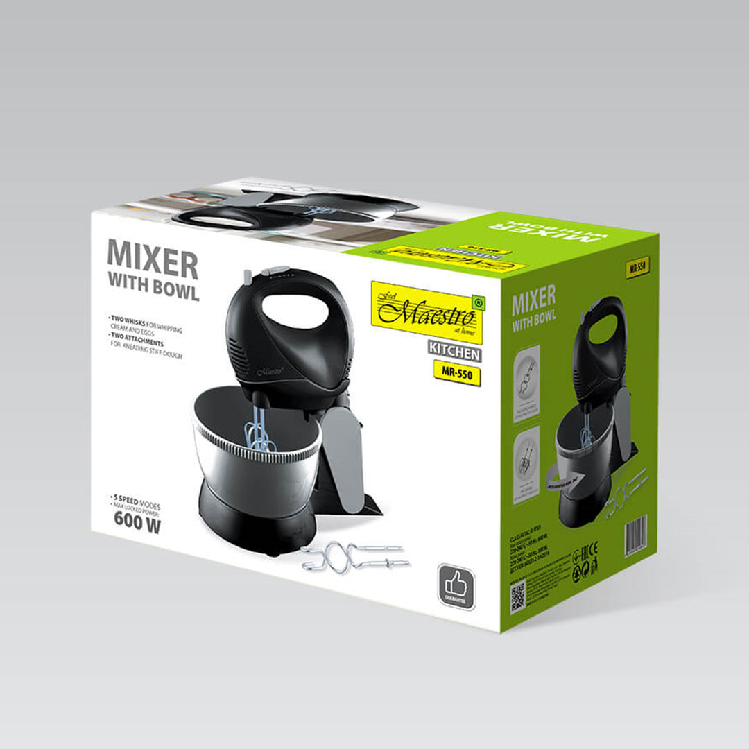 Batidora Maestro, bol giratorio, 5 velocidades, función Turbo, 600W, negra, MR-550