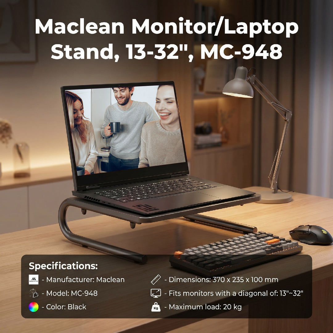 Suporte ergonómico para monitor/portátil Maclean MC-948, carga máxima: 20 kg, superfície perfurada, concebido para monitores com diagonal de ecrã de 13 a 32 pol.