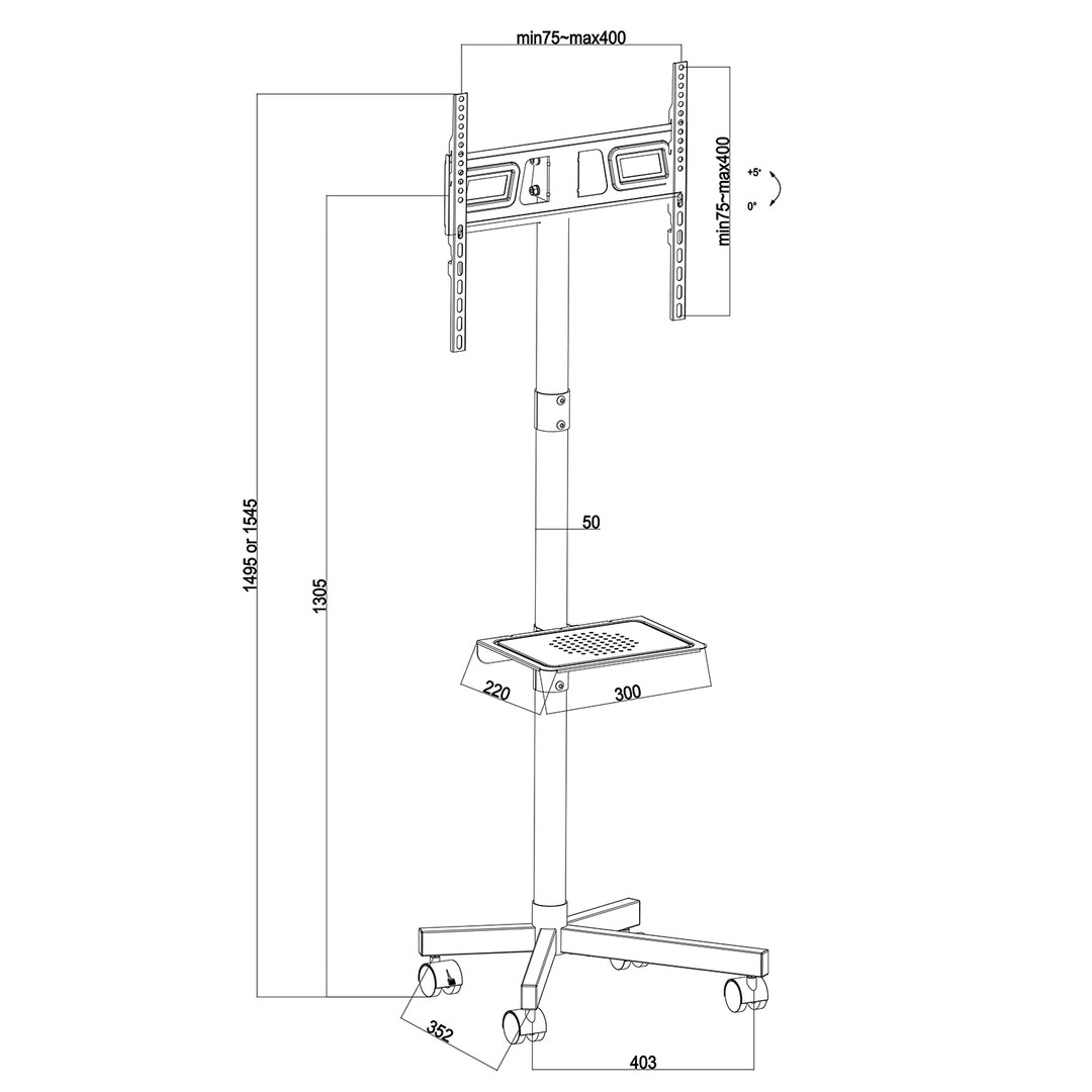 Suporte móvel para TV com rodas Maclean MC-949, adequado para televisores de 32 a 55 polegadas com um peso máximo de 25 kg. VESA 400x400, suporte universal para TV.