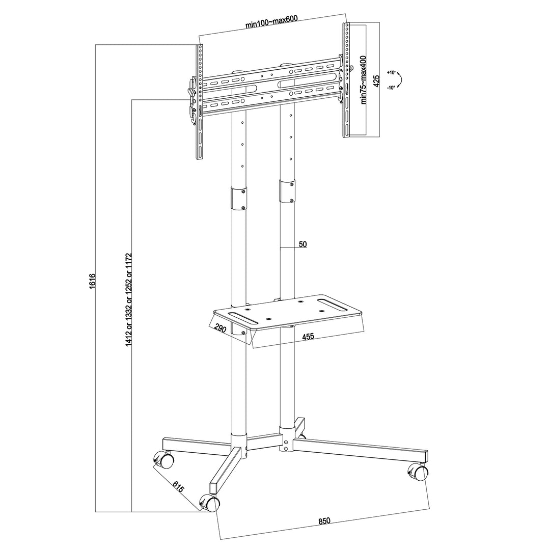 Suporte de pedestal móvel profissional Maclean MC-951 com rodas, adequado para TVs/ecrãs de 32" a 70" até 40 kg, padrão VESA 600x400, suporte universal para TV