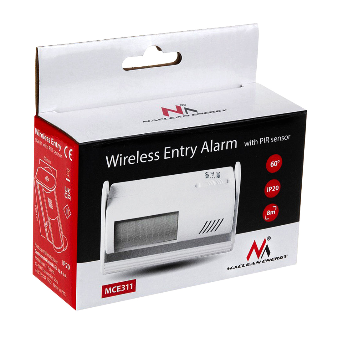 Dispositivo de sinalização de entrada sem fios Maclean MCE311 W, sensor PIR, alcance de 8 m, alimentação por bateria de 9 V CC, volume acima de 70 dB
