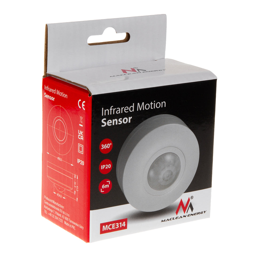 Detetor de movimento PIR Maclean MCE314 W, alcance de 6 m, montado no teto, carga máx. 1200 W, IP20