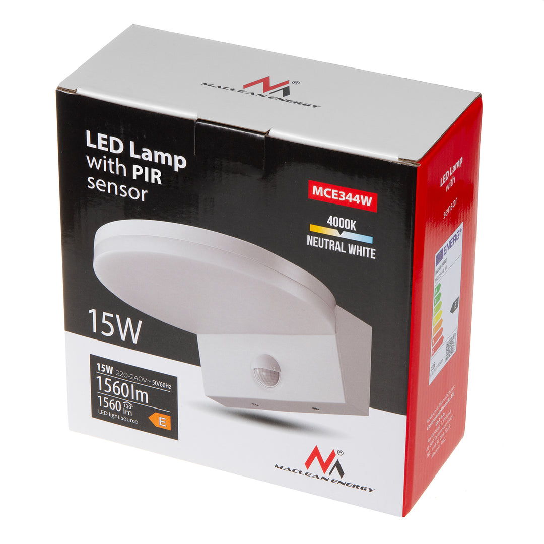 Maclean MCE344 W Luz de sensor de movimento LED, sensor de movimento PIR, branca, 15 W, IP65, 1560 lm, branco neutro (4000 K)