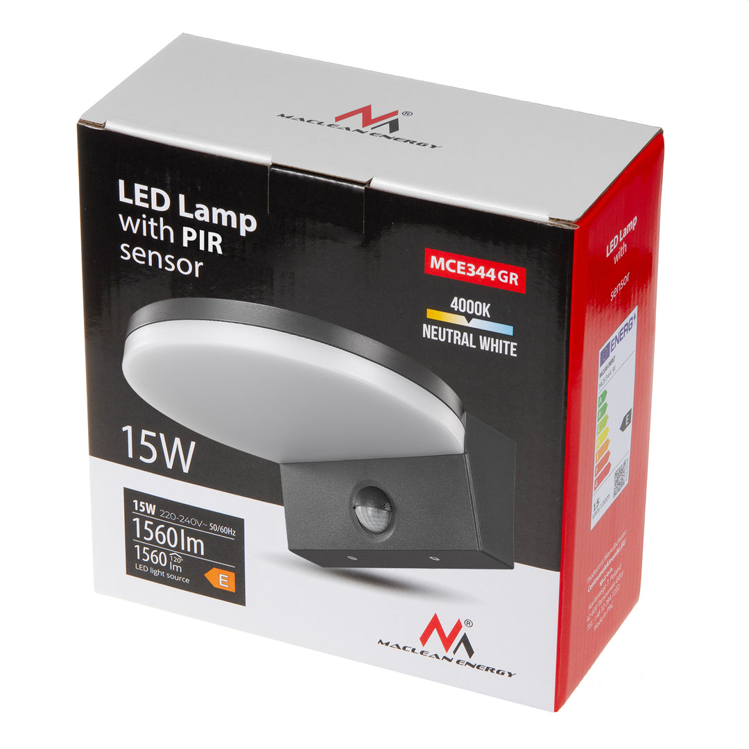 Maclean MCE344 GR Luz de sensor de movimento LED, sensor de movimento PIR, cinzento, 15 W, IP65, 1560 lm, branco neutro (4000 K)