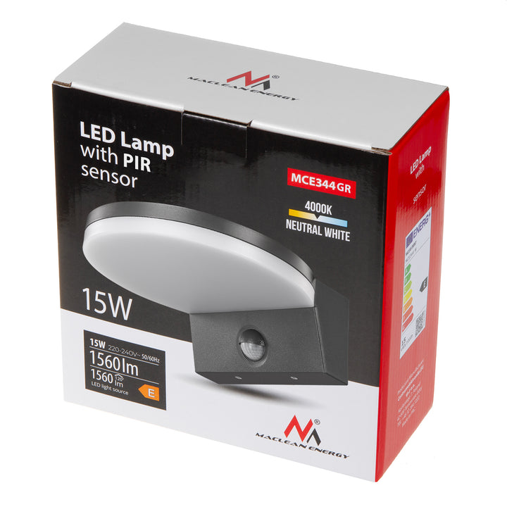 Maclean MCE344 GR Luz de sensor de movimento LED, sensor de movimento PIR, cinzento, 15 W, IP65, 1560 lm, branco neutro (4000 K)