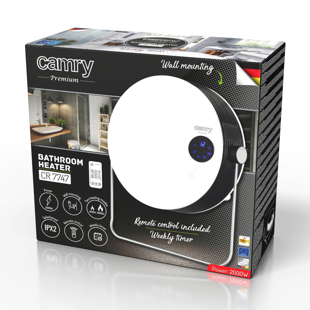 Calefactor de baño Camry, potencia 2000W, 2 niveles de calefacción, pantalla LCD, mando a distancia, CR 7747