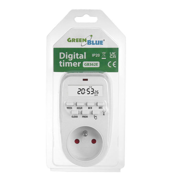 Interruptor de Temporizador Digital GreenBlue GB362 E, 2 Modos de Funcionamento, 8 Programas e 16 Combinações, Carga Máxima 16 A, 3680 W, IP20