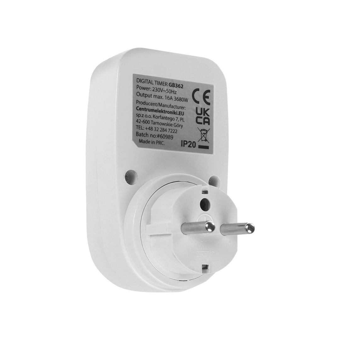 Interruptor de Temporizador Digital GreenBlue GB362 E, 2 Modos de Funcionamento, 8 Programas e 16 Combinações, Carga Máxima 16 A, 3680 W, IP20