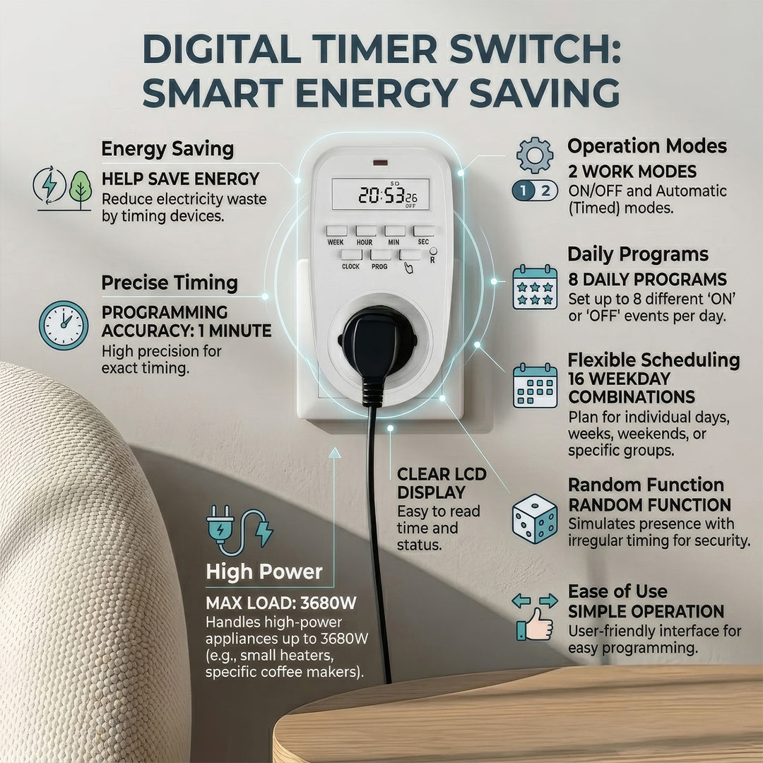 Interruptor de Temporizador Digital GreenBlue GB362 E, 2 Modos de Funcionamento, 8 Programas e 16 Combinações, Carga Máxima 16 A, 3680 W, IP20