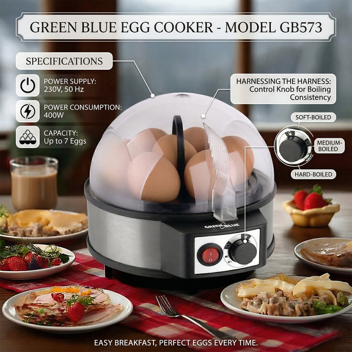 GreenBlue GB573 Cocedor de Huevos Automático, Potencia 400W, hasta 7 Huevos, Vaso Medidor, 220-240V~, 50 Hz