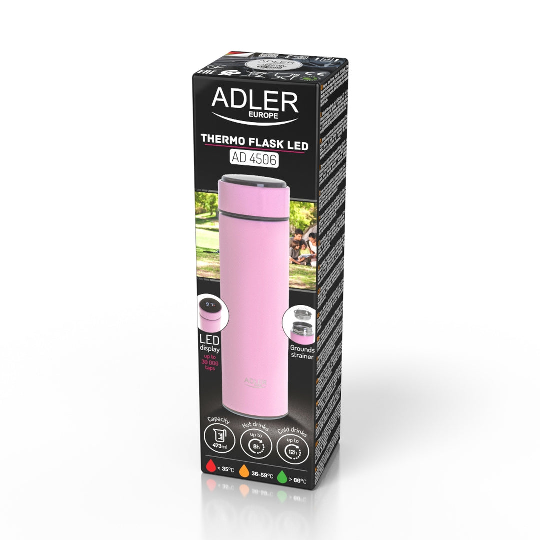 Termo Adler, pantalla táctil LED, capacidad 473 ml, color rosa, AD 4506