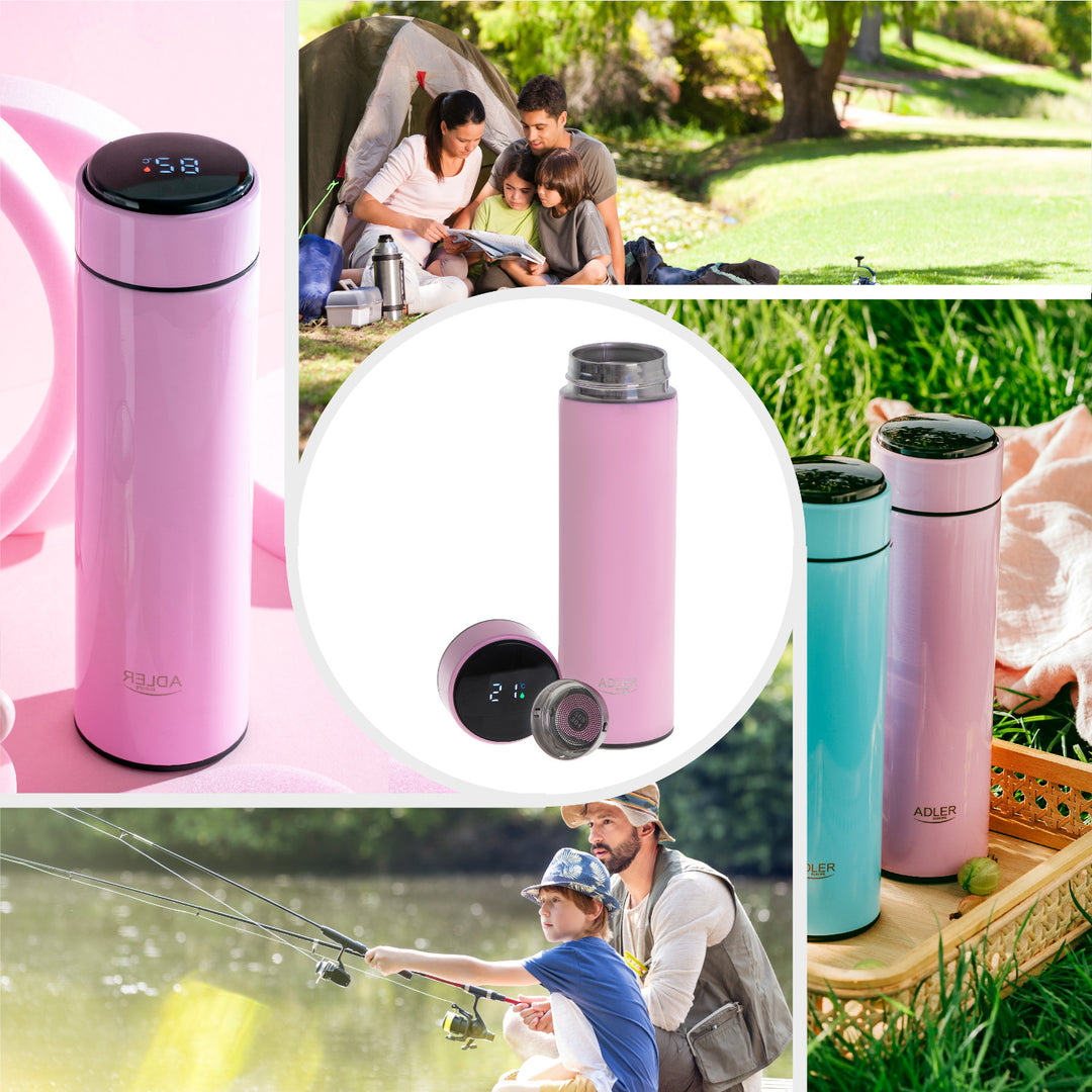 Termo Adler, pantalla táctil LED, capacidad 473 ml, color rosa, AD 4506