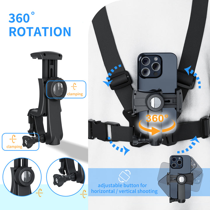 Suporte universal 2 em 1 para correia peitoral Maclean MC-294, suporte desportivo para smartphone e câmara de ação, compatível com câmaras GoPro, etc., rotação de 360°