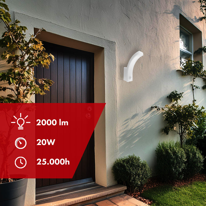 Candeeiro de parede LED Maclean MCE512 W com sensor de movimento e anoitecer, iluminação de parede interior e exterior, lâmpada de 20 W, à prova de água IP65, 2000 lm, branco neutro 4000 K