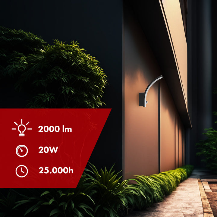 Candeeiro de parede LED Maclean MCE512 B com sensor de movimento e anoitecer, iluminação de parede interior e exterior, lâmpada de 20 W, à prova de água IP65, 2000 lm, branco neutro 4000 K