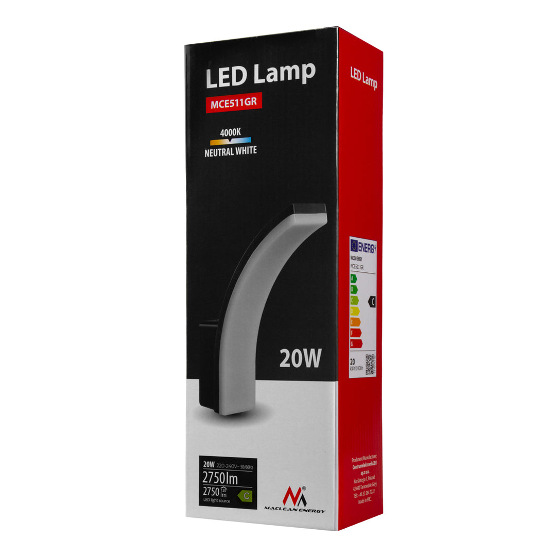 Maclean MCE511 GR Aplique LED, Iluminación de Pared para Interior y Exterior, Aplique, 20W, IP65 Resistente al Agua, 2750lm, Blanco Neutro 4000K