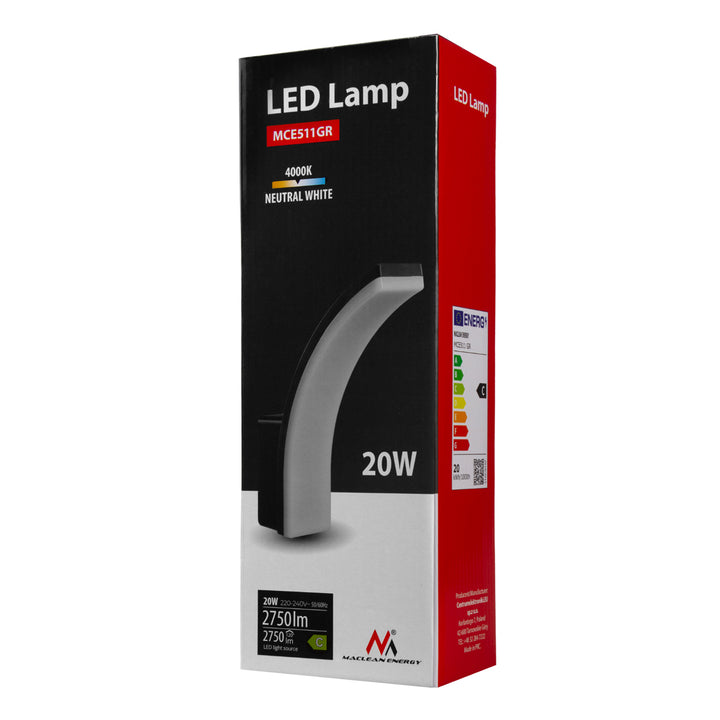 Maclean MCE511 GR Aplique LED, Iluminación de Pared para Interior y Exterior, Aplique, 20W, IP65 Resistente al Agua, 2750lm, Blanco Neutro 4000K