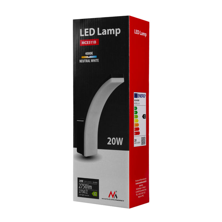 Luminária de parede LED Maclean MCE511 B, iluminação de parede interior e exterior, luminária de parede, 20 W, IP65 à prova de água, 2750 lm, branco neutro 4000 K, alcance de deteção: máx. 10 m