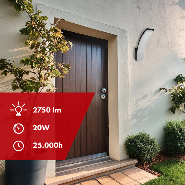 Luminária de parede LED Maclean MCE511 B, iluminação de parede interior e exterior, luminária de parede, 20 W, IP65 à prova de água, 2750 lm, branco neutro 4000 K, alcance de deteção: máx. 10 m