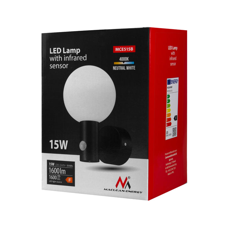 Luminária LED Maclean MCE515 B com Detector de Movimento PIR, 15 W, IP65, 1600 lm, 4000 K (Preto)